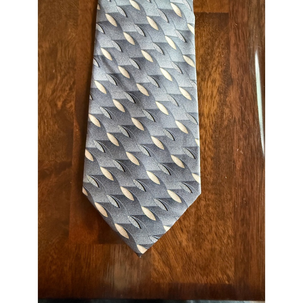 Puritan Mens Silk Necktie Grey Silver Tan Geometric Pattern Stain Resistant